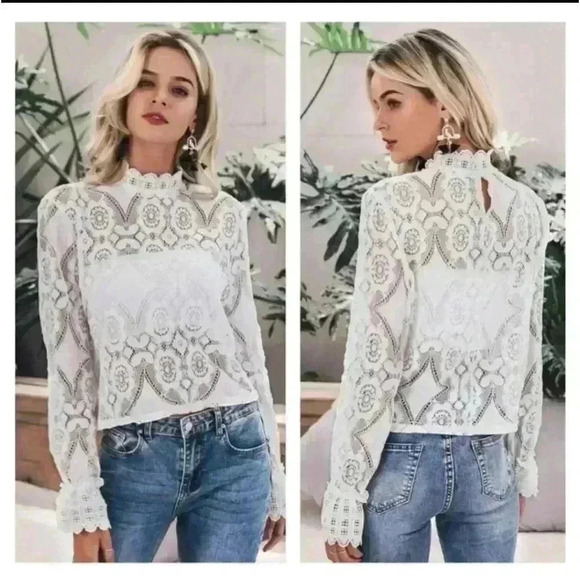 Restocking White Lace High Neck Long Sleeve Shirt - Picture 6 of 11